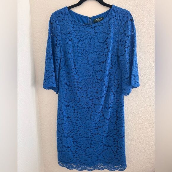 Ralph Lauren Blue Sheath Dress 3/4 Sleeve Crew Neck - Picture 3 of 11